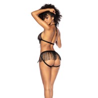 Fringe Halter Top and Open Back Bottom Set in Black