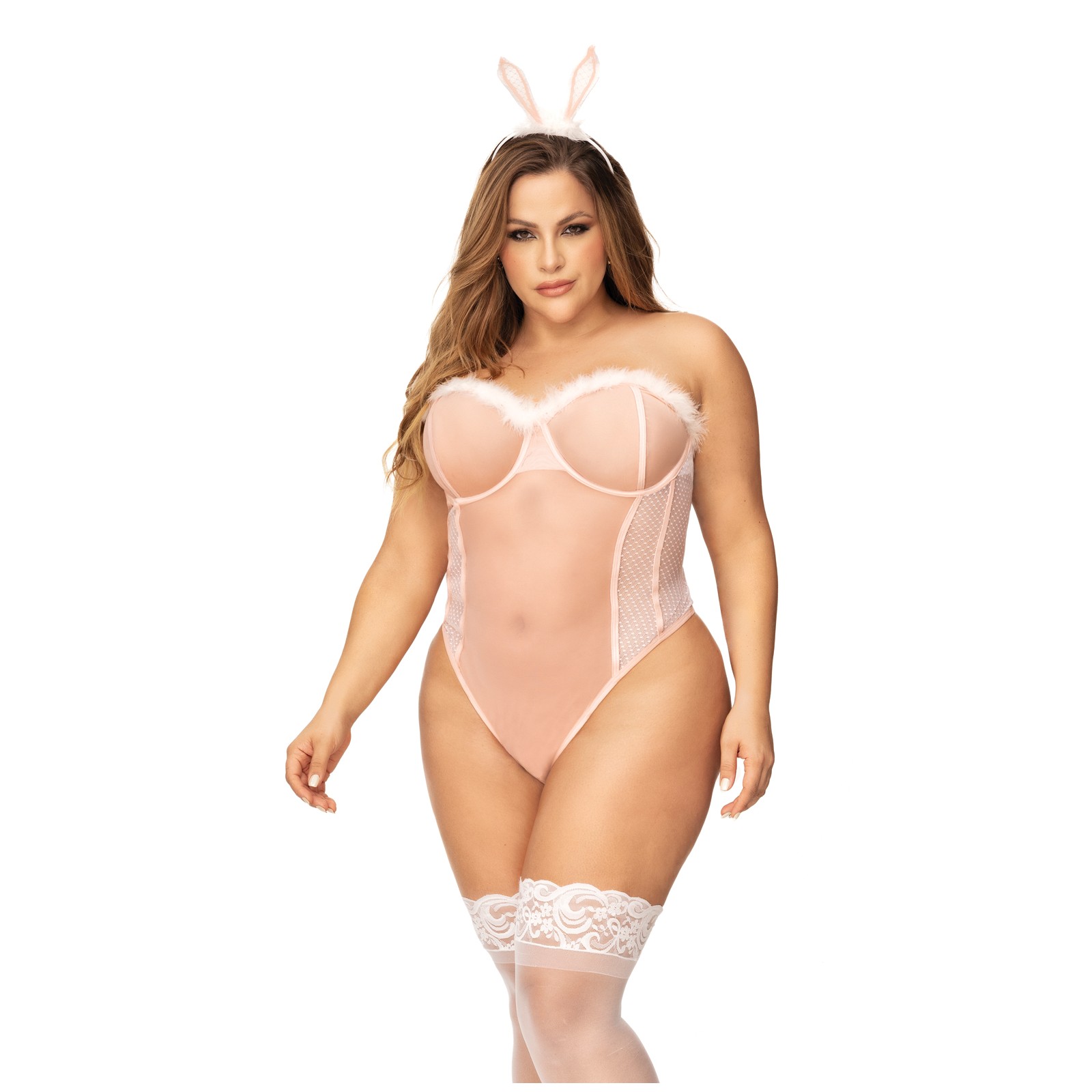 Bodysuit Sexy de Conejita con Aros y Espalda Atada y Diadema - Rosa 3X/4X