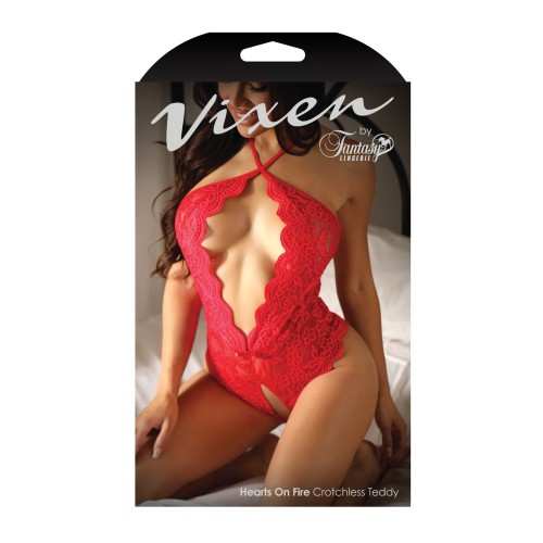 Vixen Teddy Crotchless con Espalda de Perlas Abierta - Roja O/S