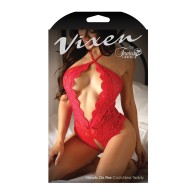 Vixen Teddy Crotchless con Espalda de Perlas Abierta - Roja O/S