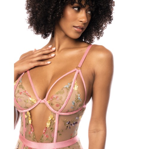 Floral Embroidered Teddy with Underwire and Garters Pink XL