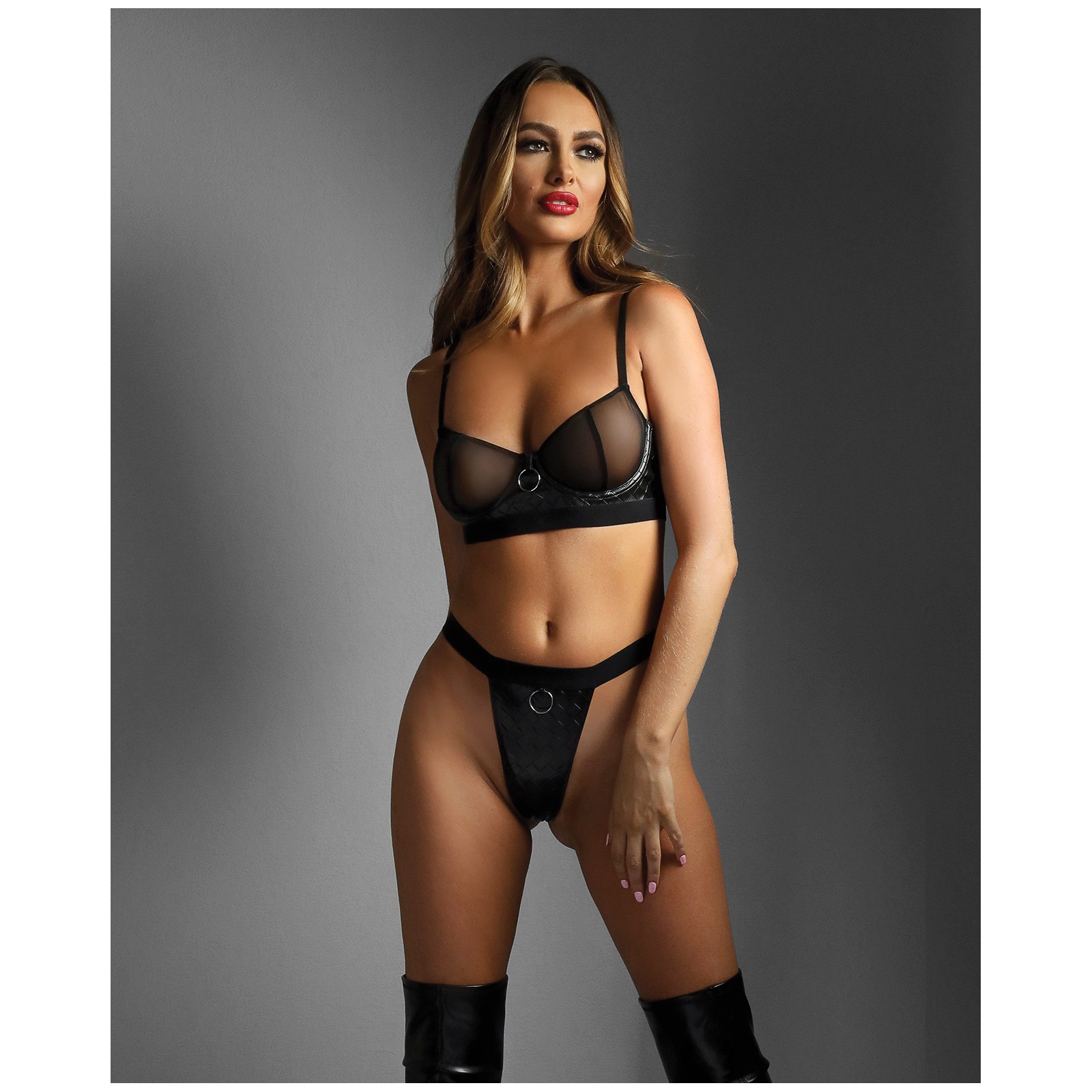 Edge Quilted Wetlook and Mesh Underwire Bra and Crotchless Panty Black L/XL