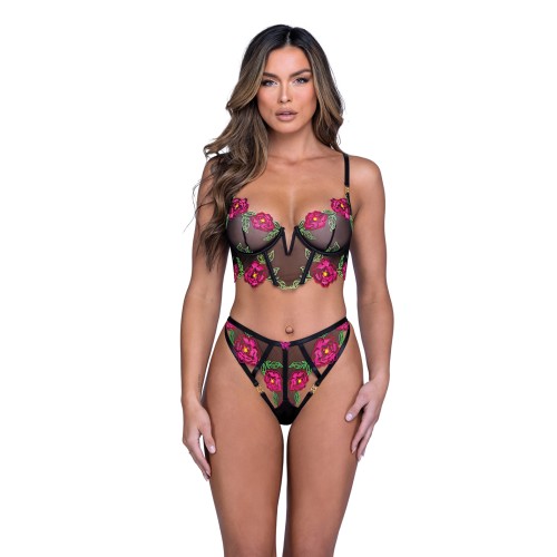 Conjunto Peony Paradise Bralette con Aros y G-String Negro