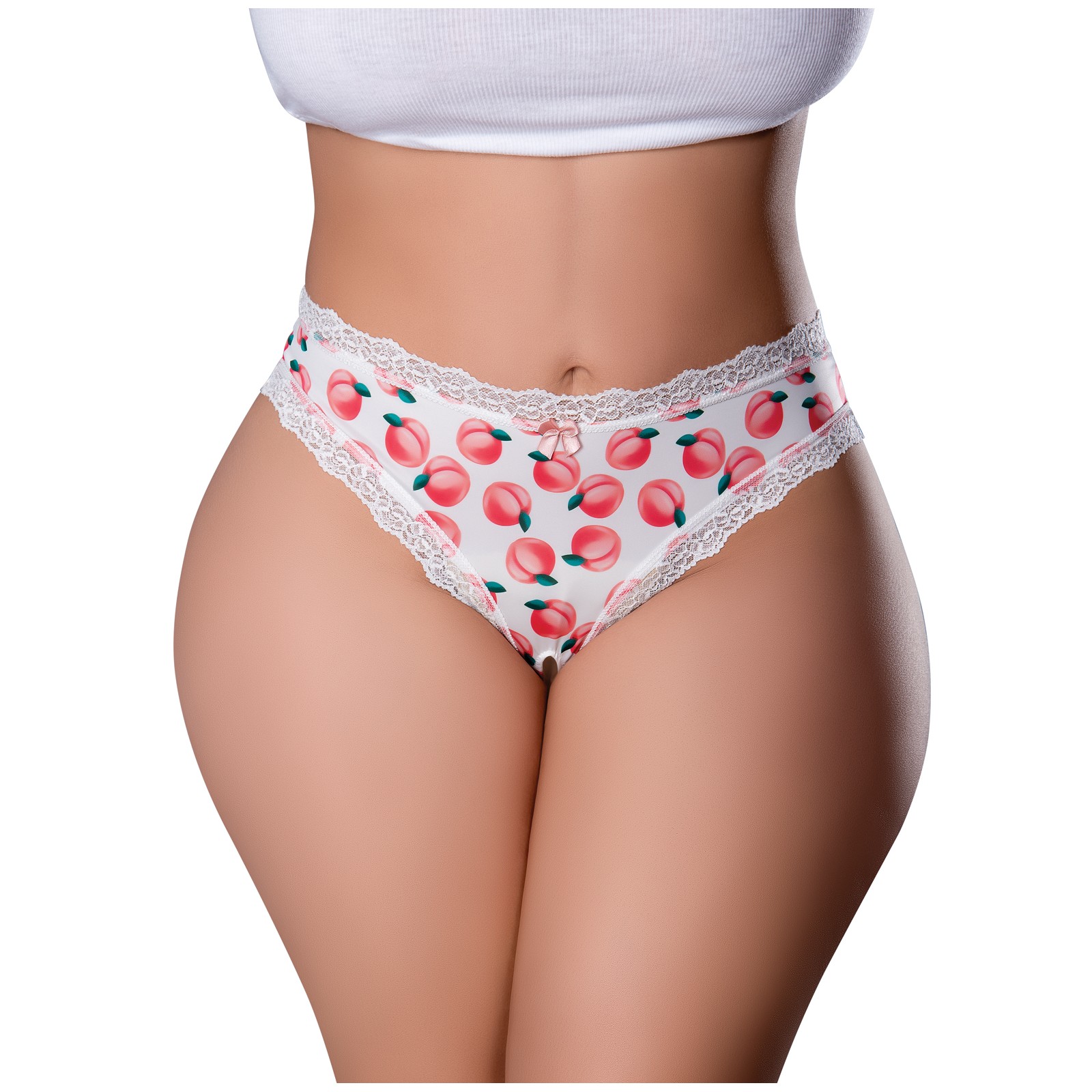 Sweet Treats Crotchless Thong with Peach Lube - White QN