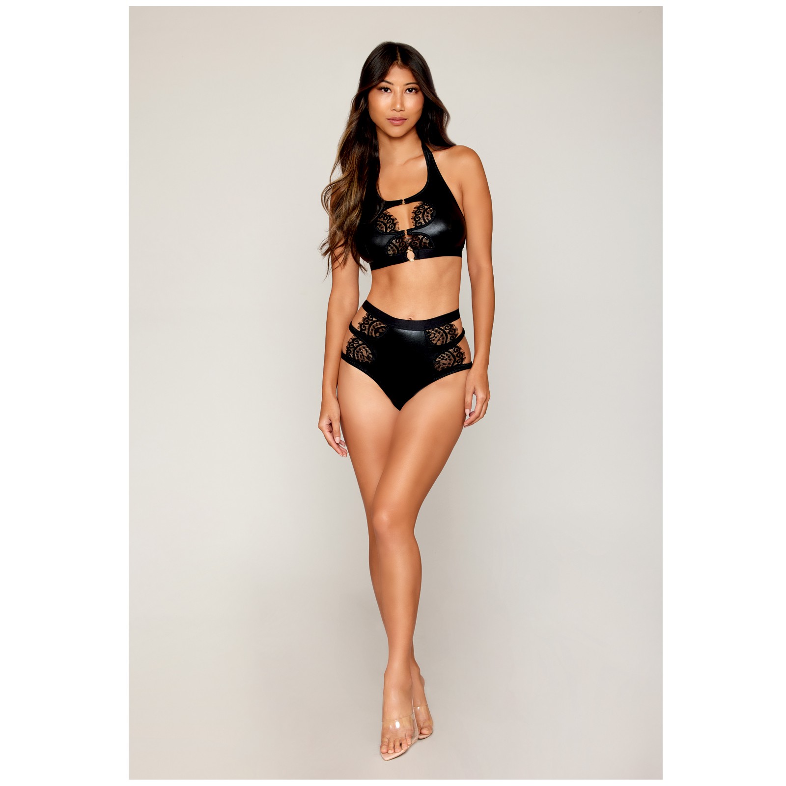 Stretch Faux Leather and Lace Bralette with Panty