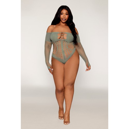 Long Sleeve Opaque and Fishnet Teddy - Sage Green Queen Size