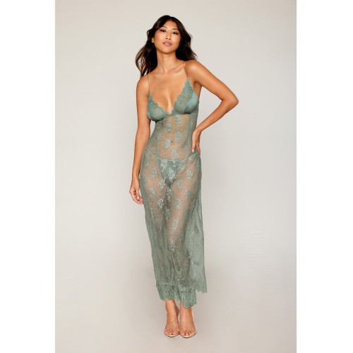 Eyelash Lace & Satin Long Chemise with G-String - Sage Green XL