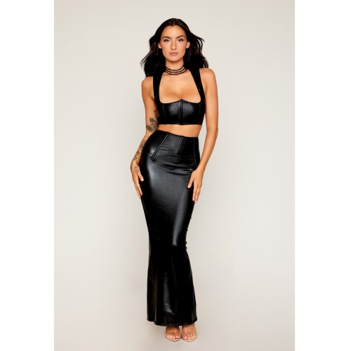 Stretch Faux Leather Harness Bra Long Skirt Black