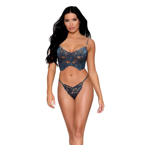 Velvet Applique Bustier & G-String Set - Twilight Blue