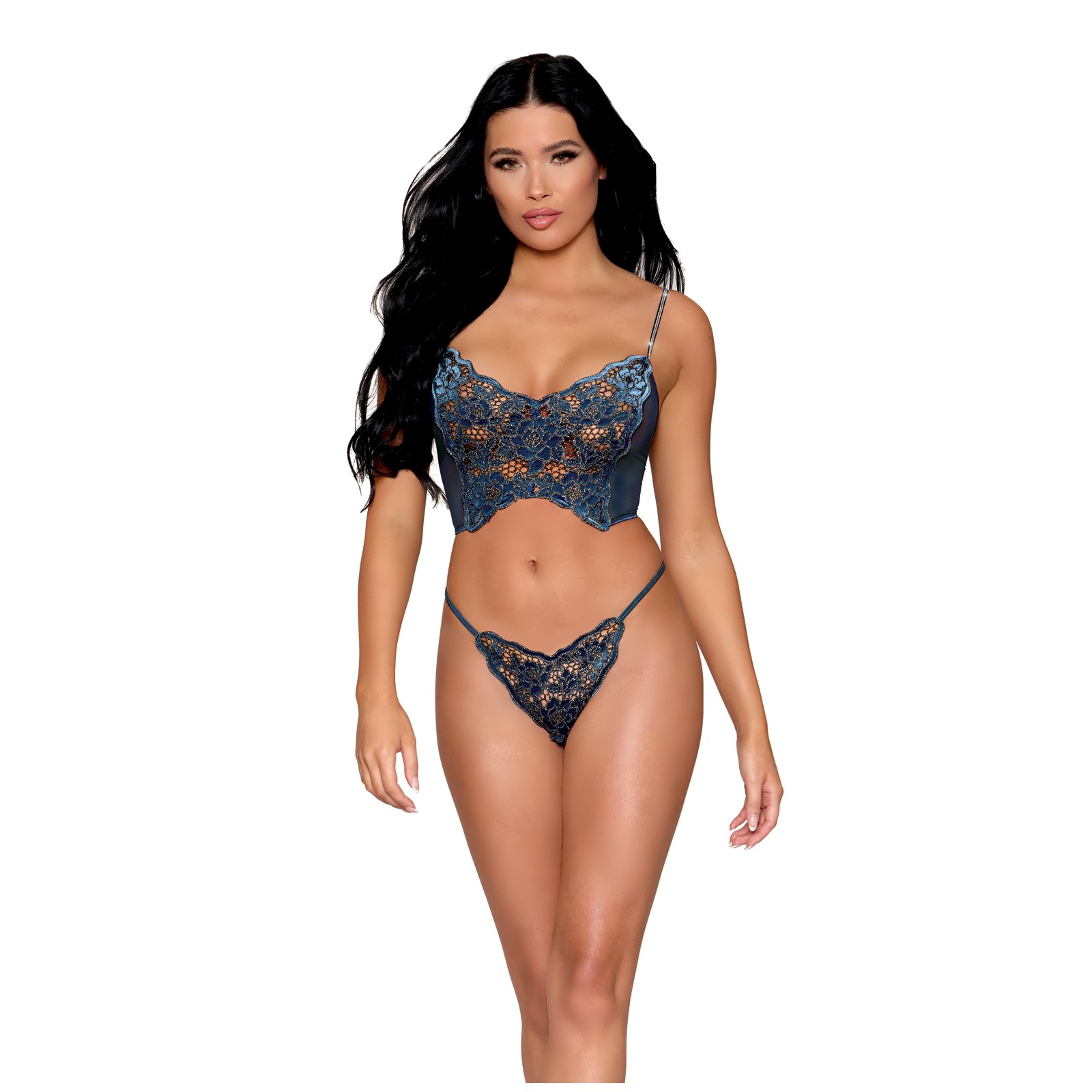 Velvet Applique Bustier & G-String Set - Twilight Blue