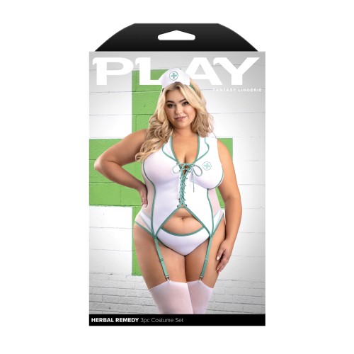 Bustier Play Herbal Remedy con Jarrete y Tanga - Blanco 3X/4X