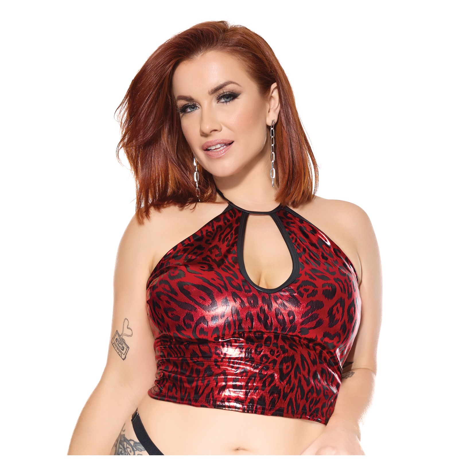 Darque Metallic Wet Look Keyhole Halter Top - Red/Black 1X/2X