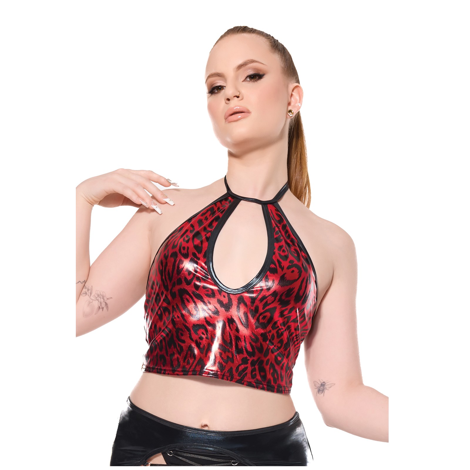 Darque Metallic Wet Look Keyhole Halter Top Red/Black LG