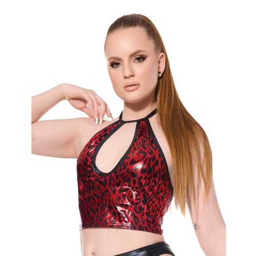 Darque Metallic Wet Look Keyhole Halter Top Red/Black LG