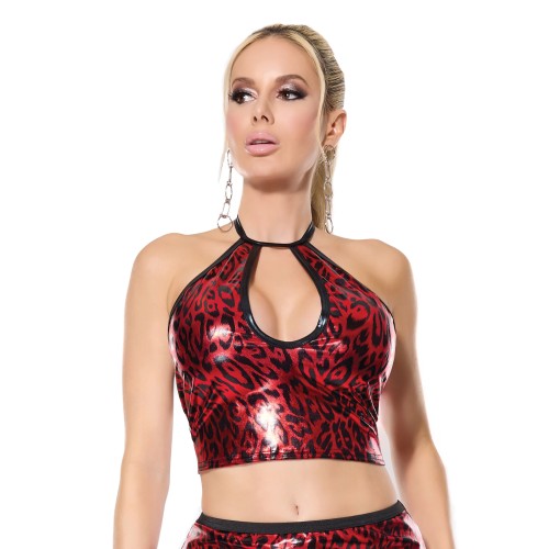 Darque Metallic Wet Look Keyhole Halter Top Red/Black LG