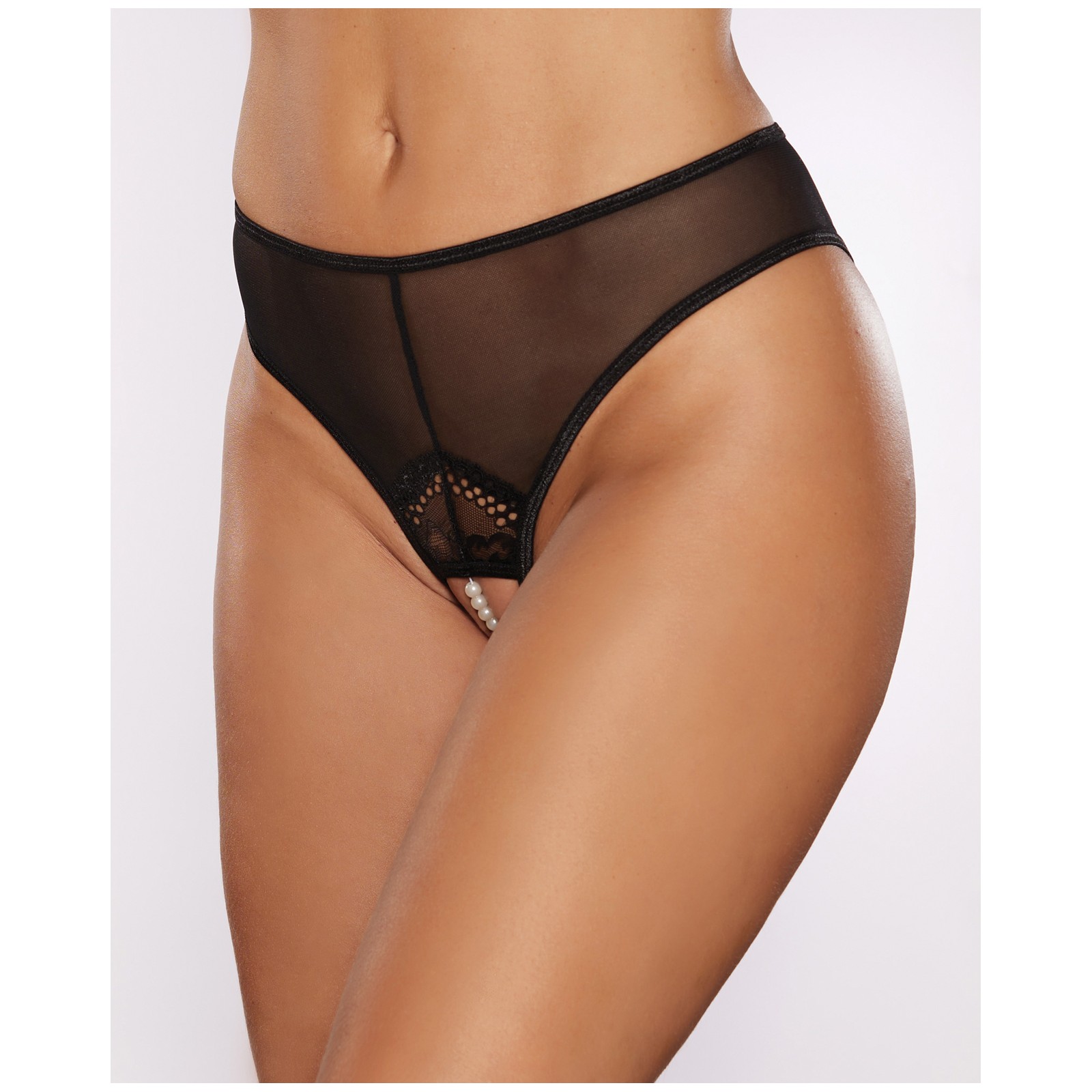 Allure Blushing Crotchless Panty with Pearls - Black