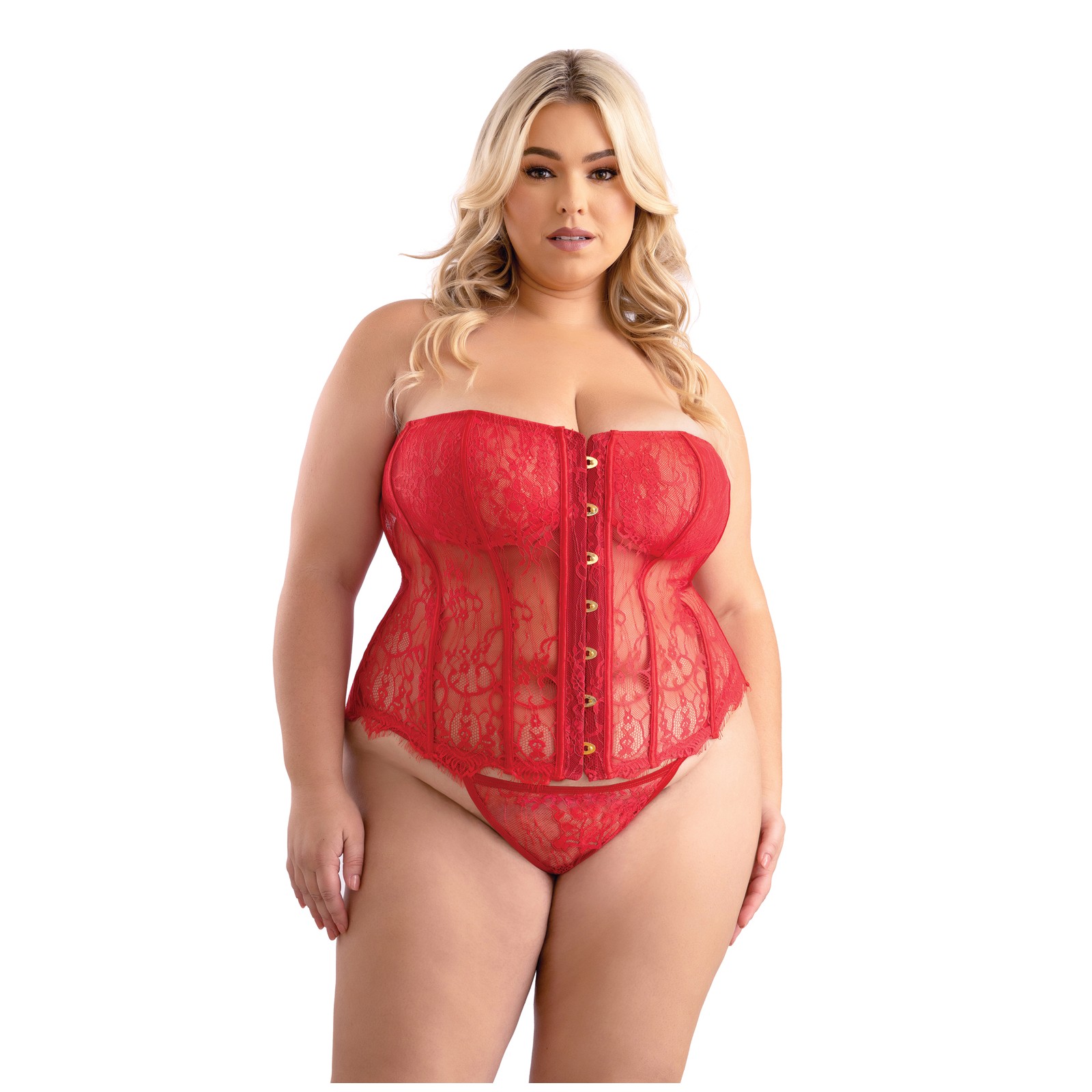 Corset de Encaje de Pestañas con G-String - Rojo