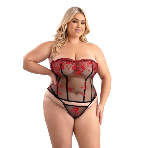 Floral Embroidered Mesh Corset w/G-String - Red/Black 1X/2X