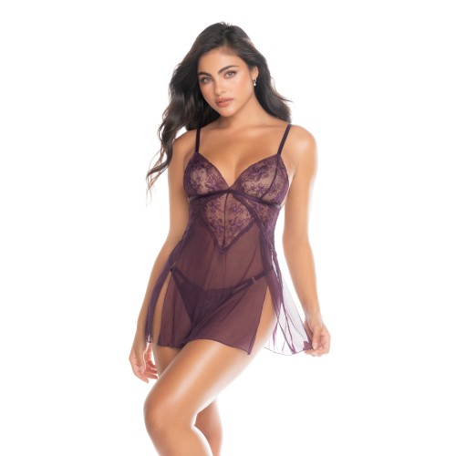 Lace and Mesh Baby Doll with Thong - Mulberry LG