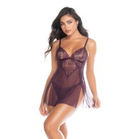 Babydoll de Encaje y Malla con Tanga - Mulberry LG