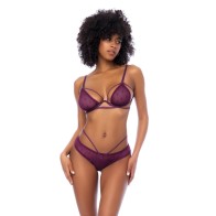 Dot Mesh Underwire Top Open Back Panty Wine