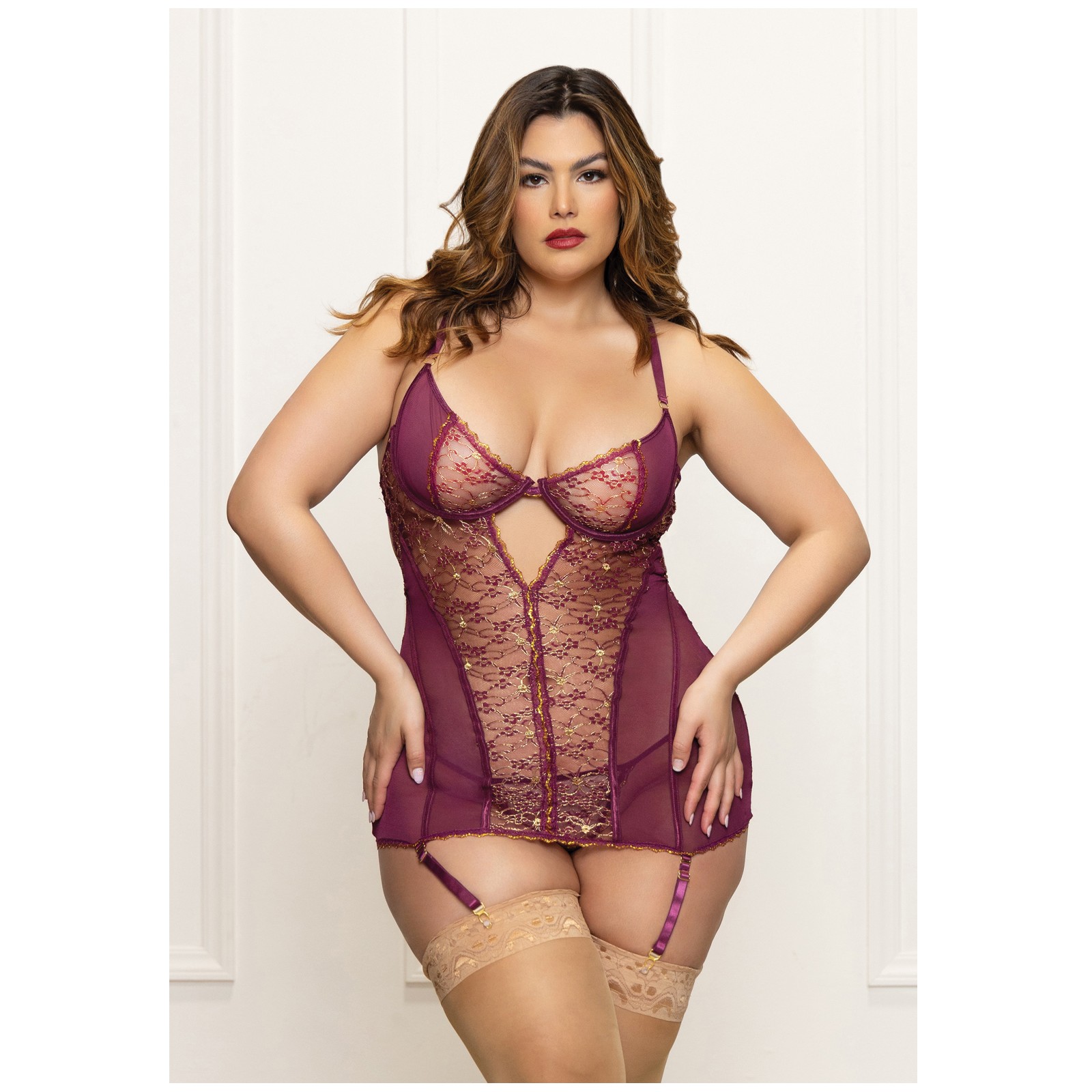 Metallic Lace Mesh Gartered Chemise & Thong Plum 1X/2X