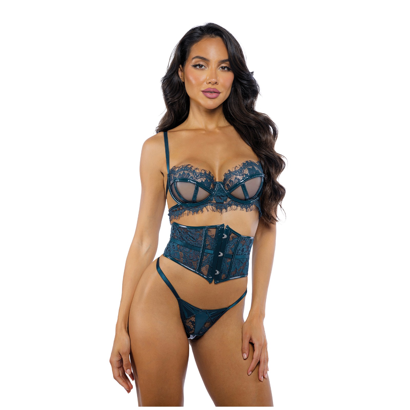 Eden Scalloped Eyelash Lace & Wet Look Waspie 3 pc Set - Teal SM