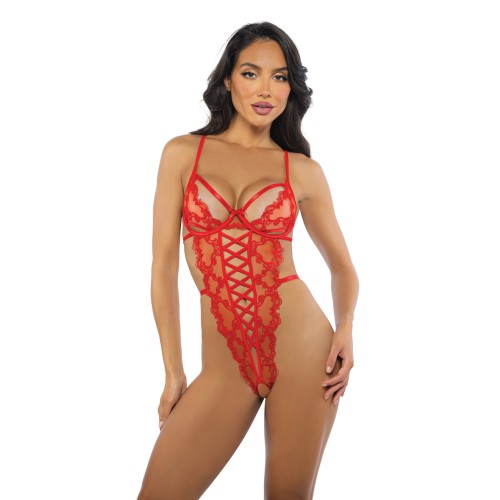 Baroque Heart Embroidered Lace Teddy Red