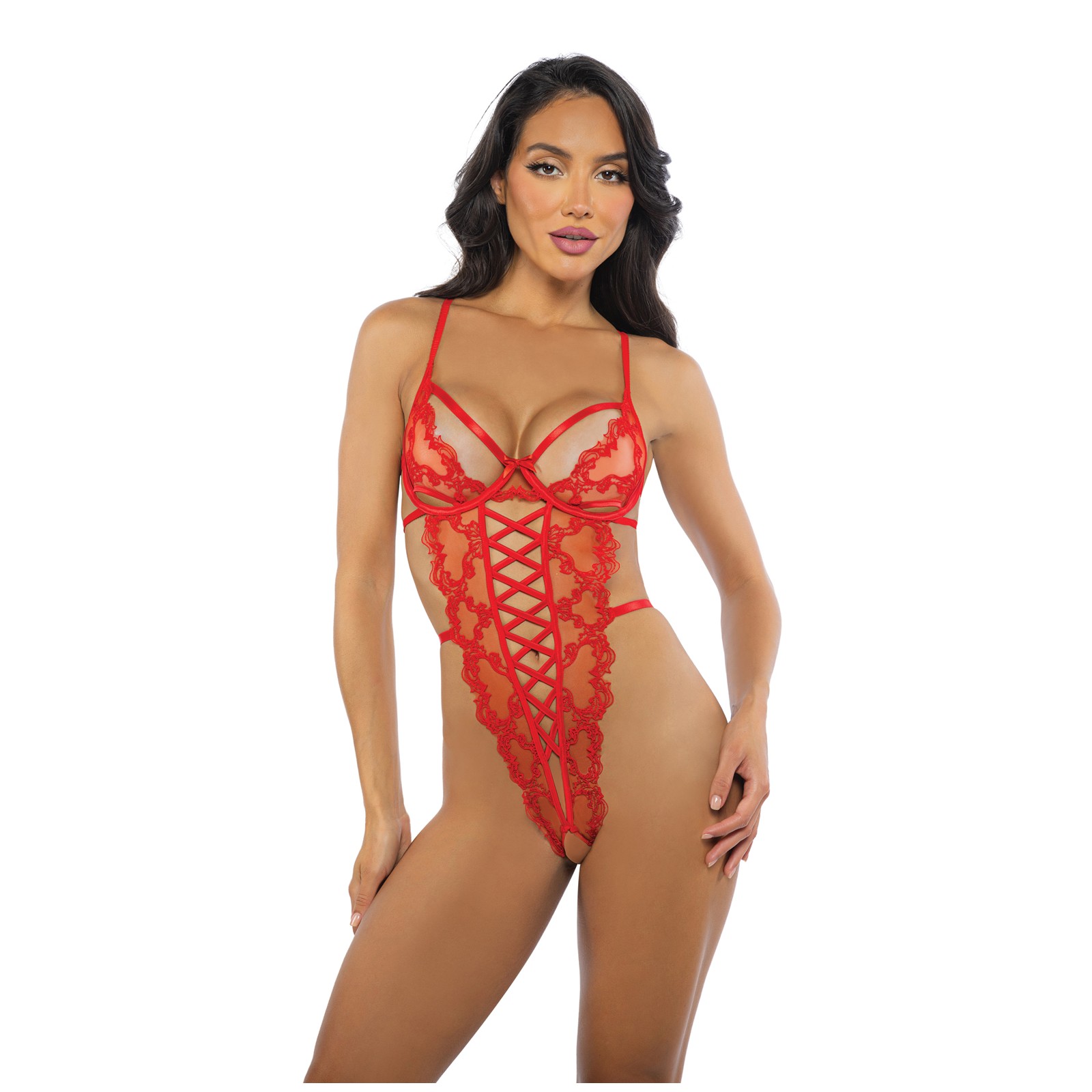 Baroque Heart Embroidered Lace Teddy Red MD