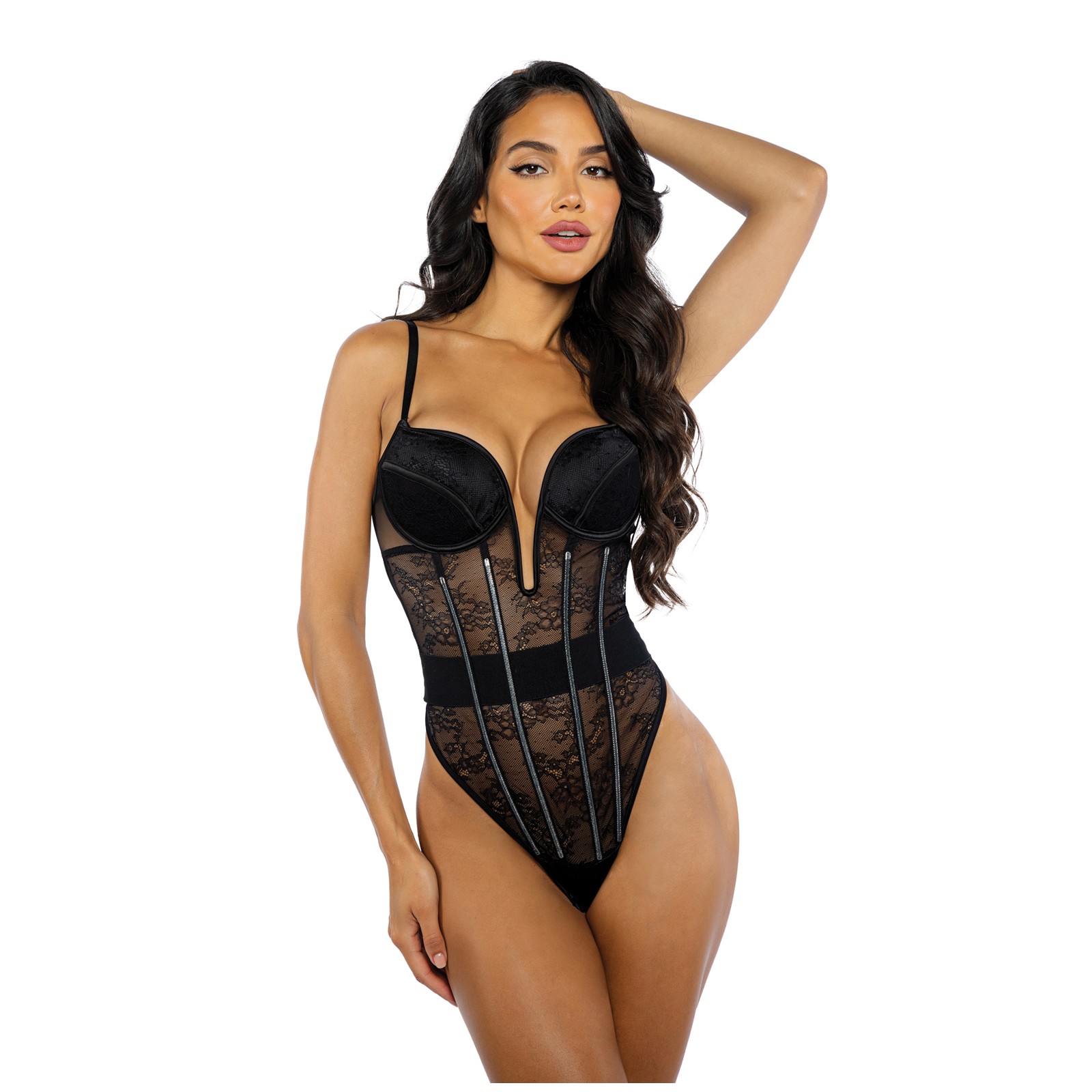 Belle Noir Chantilly Lace Satin Teddy Black XL