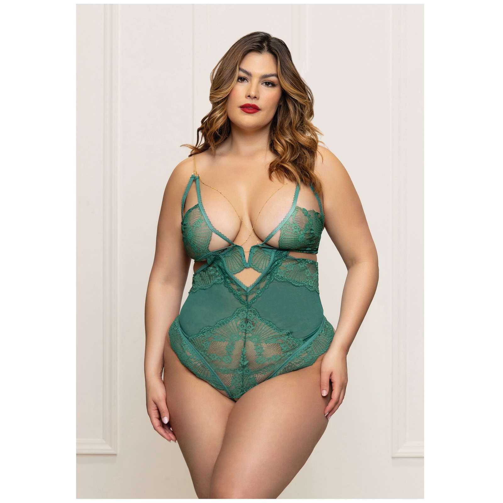 Lace and Mesh Open Crotch Teddy Green 1X/2X