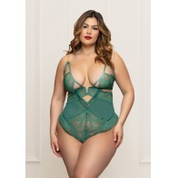 Lace and Mesh Open Crotch Teddy Green 1X/2X