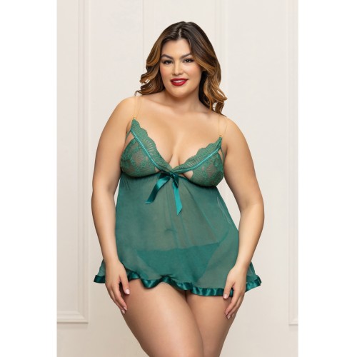 Babydoll de Encaje y Malla con Tiras Doradas - Verde 1X/2X