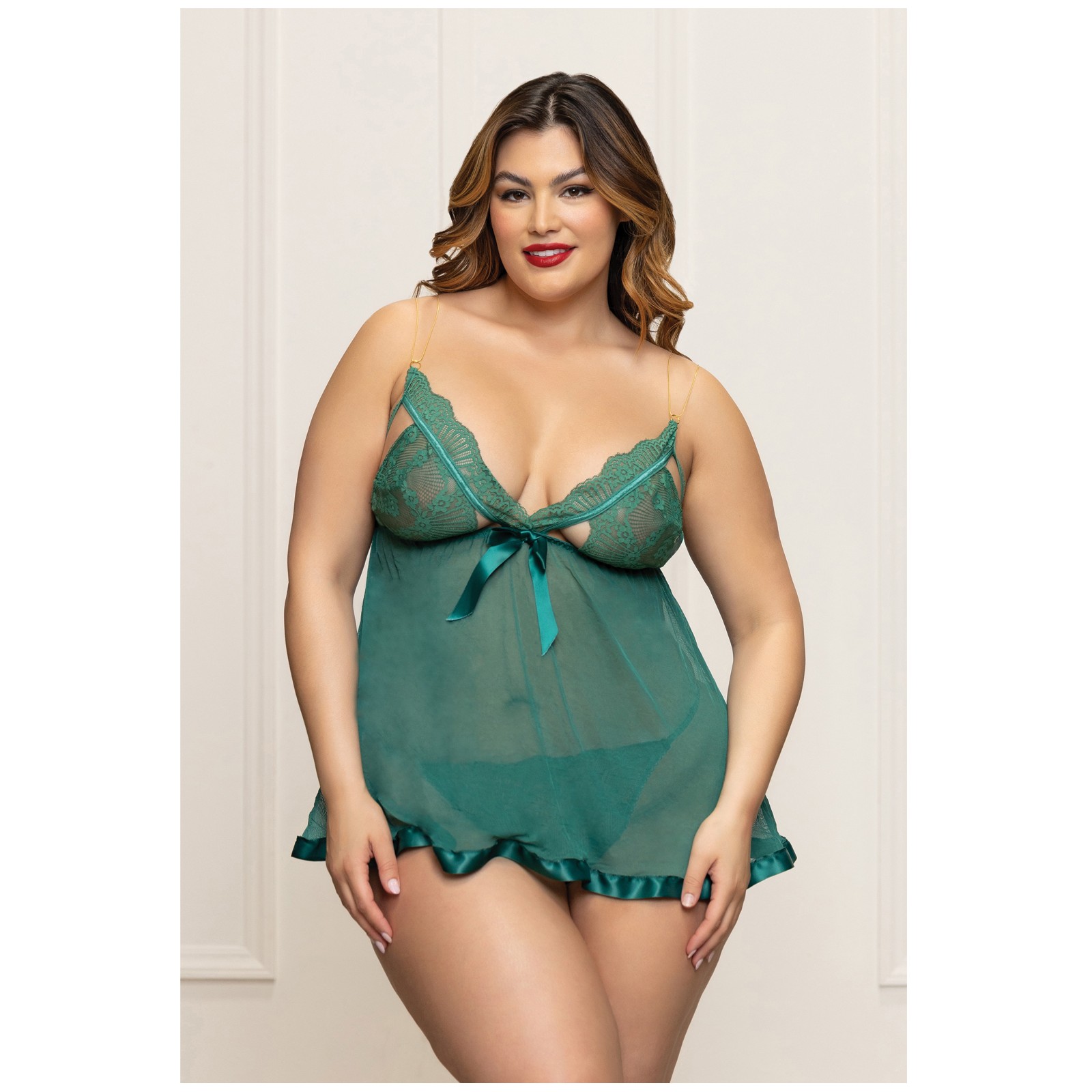 Babydoll de Encaje y Malla con Tiras Doradas - Verde 1X/2X