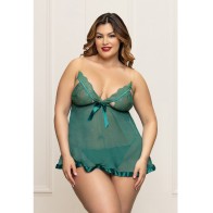 Babydoll de Encaje y Malla con Tiras Doradas - Verde 1X/2X