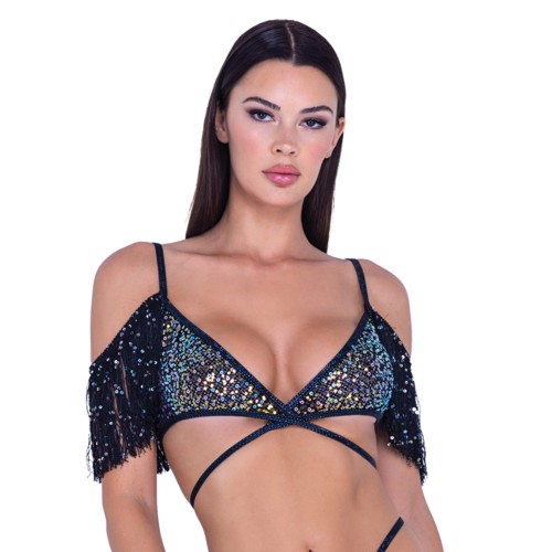 Sequin Fishnet Fringe Top Black/Multi LG