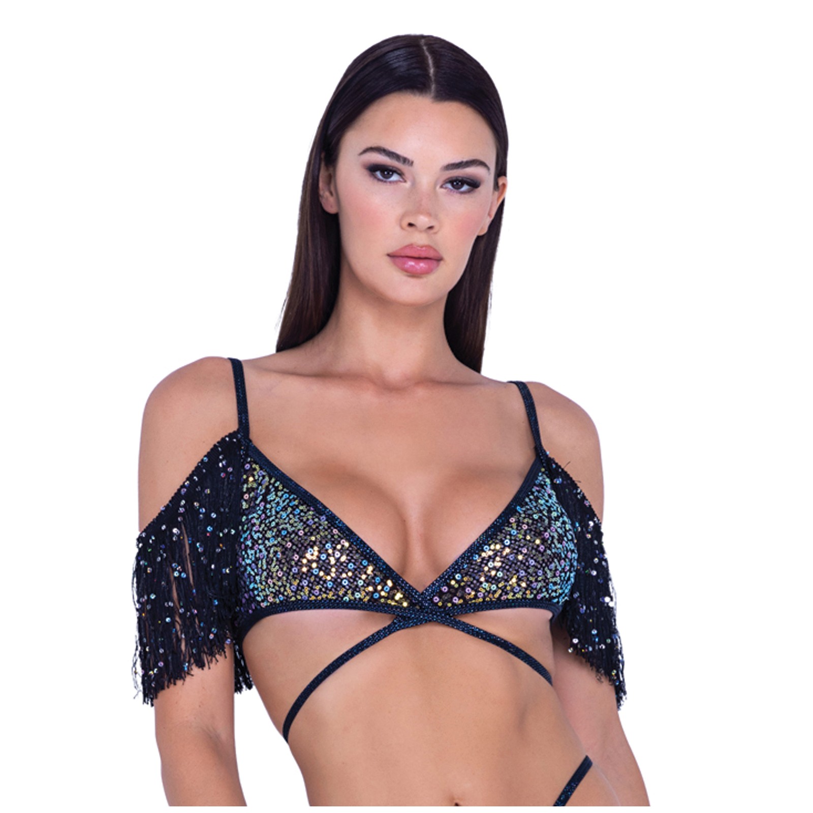 Sequin Fishnet Fringe Top - Black/Multi MD