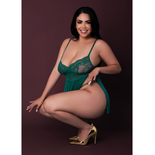 Evermore Emerald Green Babydoll Set with Cheeky Panty QN