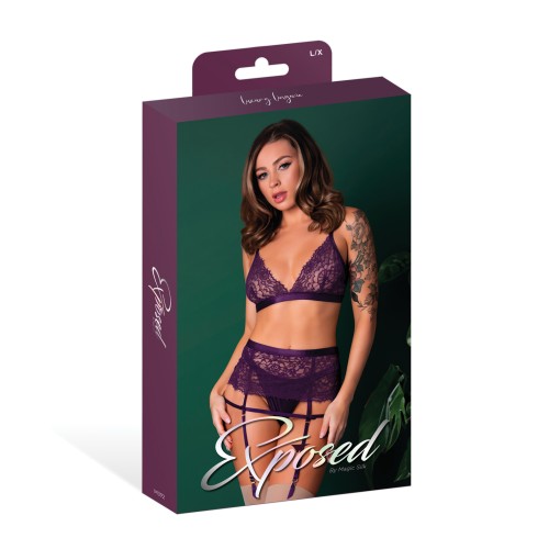 Leather Lace Stretch Mesh Lace Bralette Garter Thong Set Plum L/XL