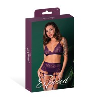 Leather Lace Stretch Mesh Lace Bralette Garter Thong Set Plum L/XL