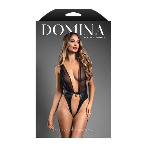 Domina Plunge Front Sheer Mesh Vegan Leather Teddy - Seductive Lingerie