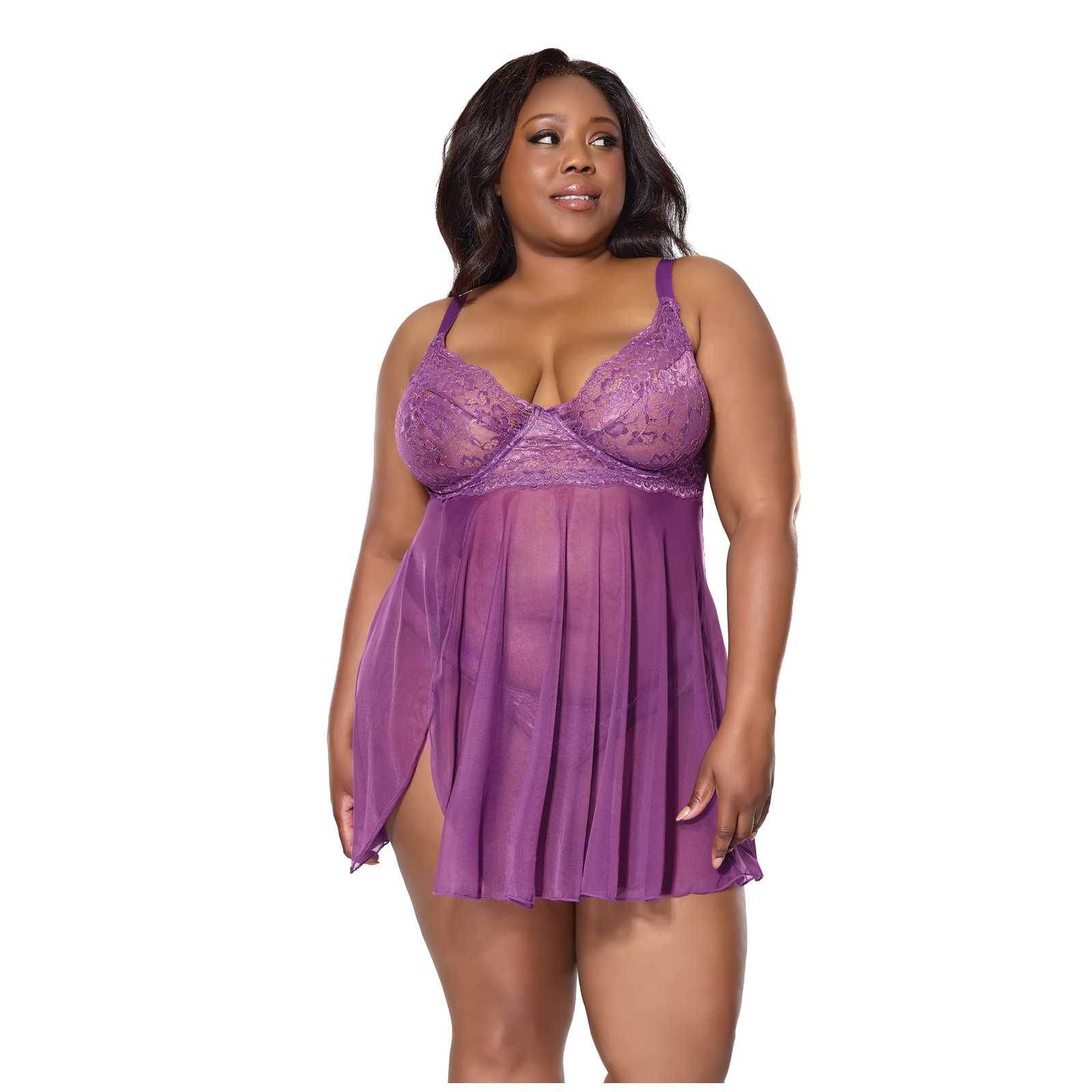 Metallic Stretch Lace Mesh Babydoll Purple 1X2X