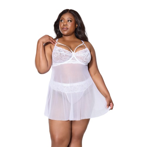 Scallop Stretch Lace Mesh Babydoll with Thong White 1X/2X