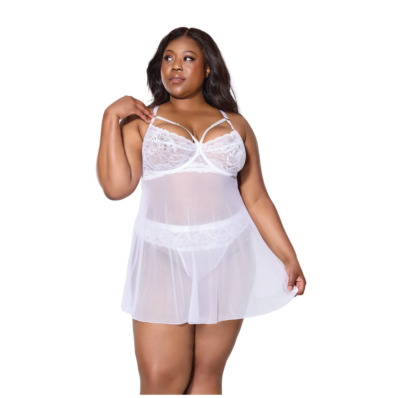 Scallop Stretch Lace Mesh Babydoll with Thong White 1X/2X