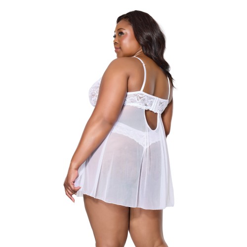 Babydoll de Encaje y Malla con Thong Escallop Blanco 1X/2X