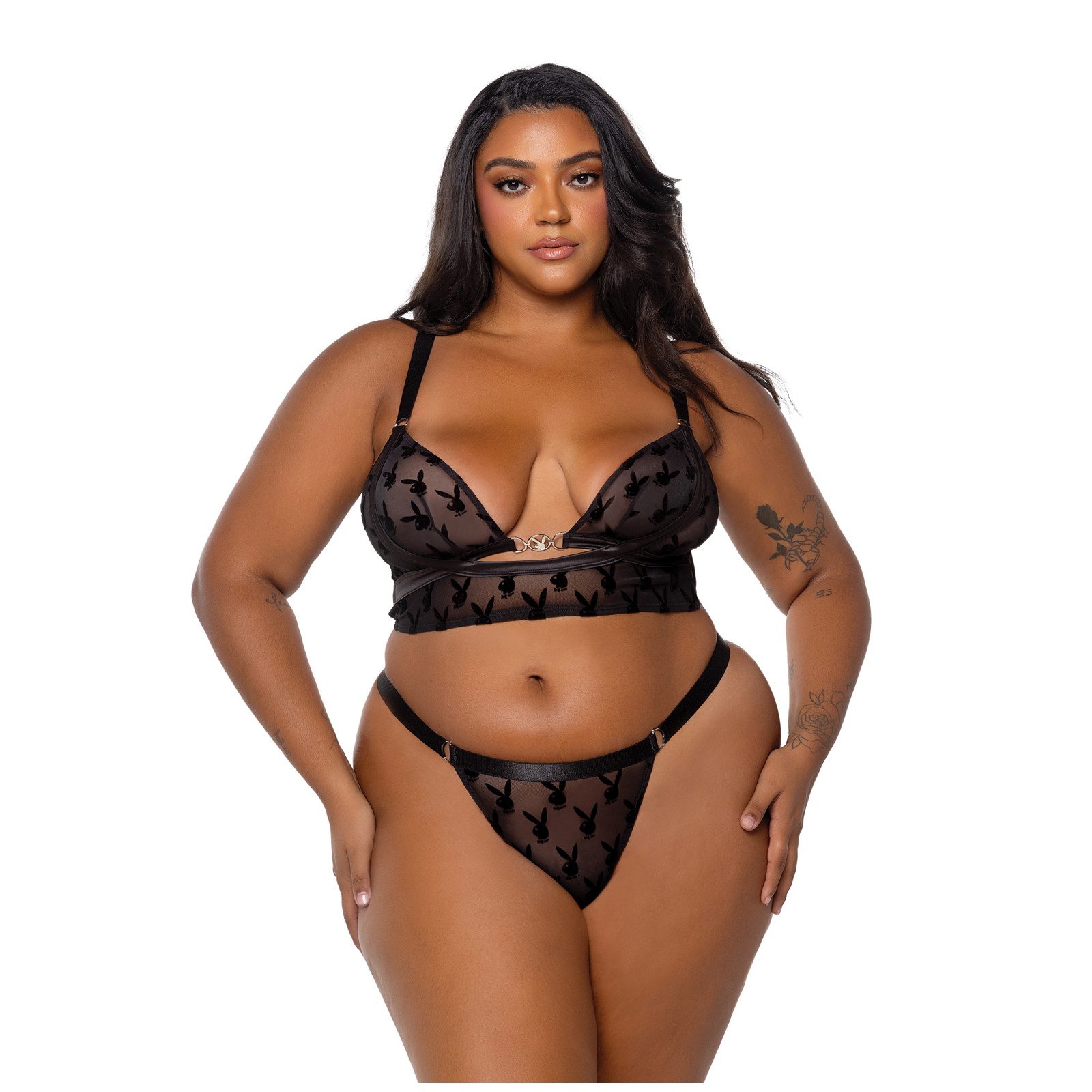 Playboy Bunny Charm Mesh Bralette Set - Alluring Black