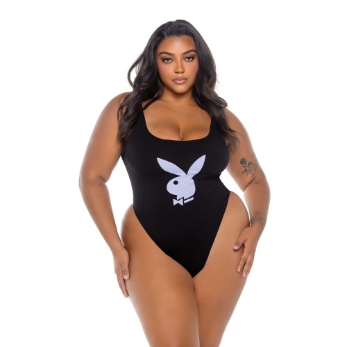 Playboy Scoop Neck Teddy with Thong Back and Bunny Logo - Black/Lavender 1X