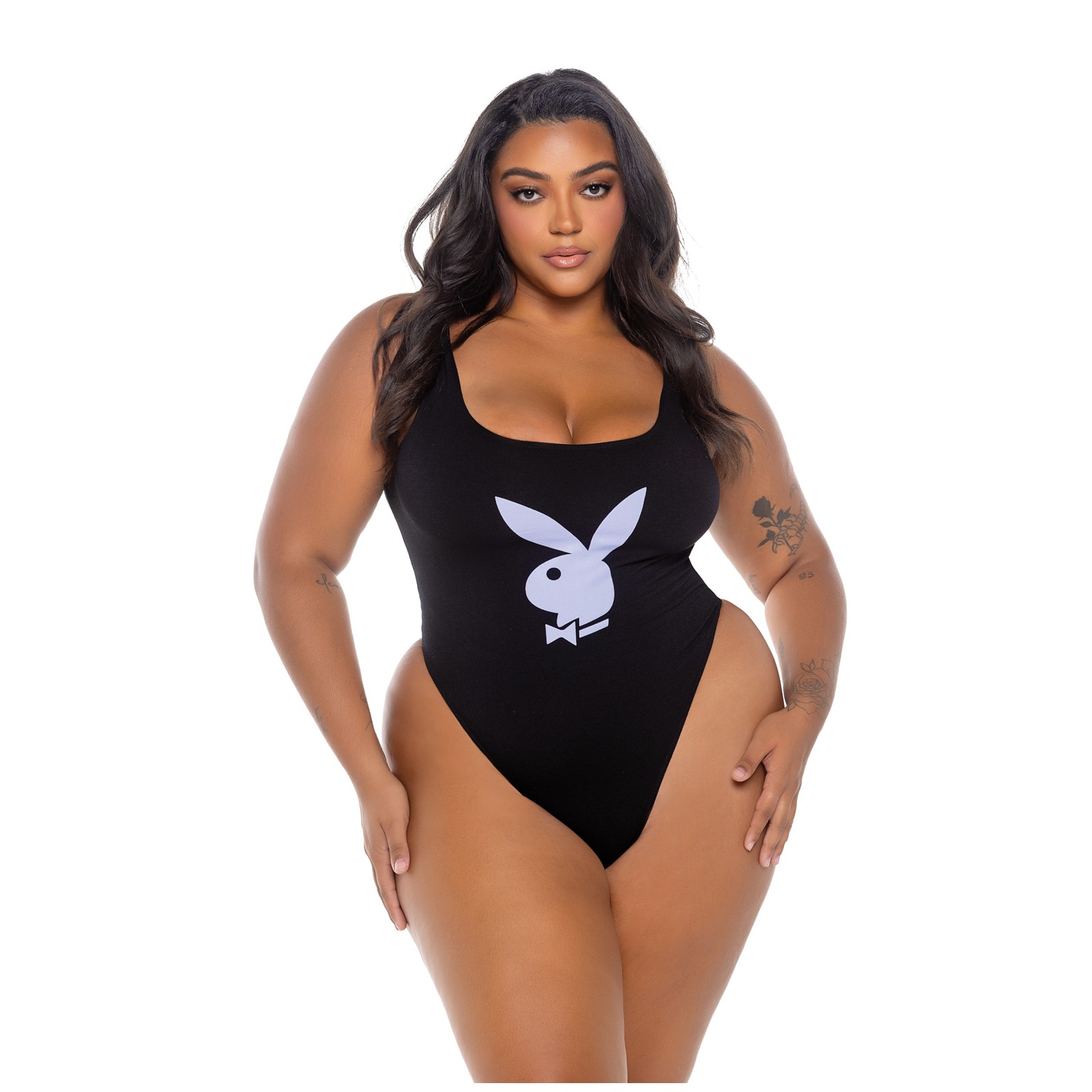 Playboy Scoop Neck Teddy with Thong Back and Bunny Logo - Black/Lavender 1X