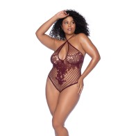 Floral Convertible Top Fishnet Bodysuit Burgundy QN