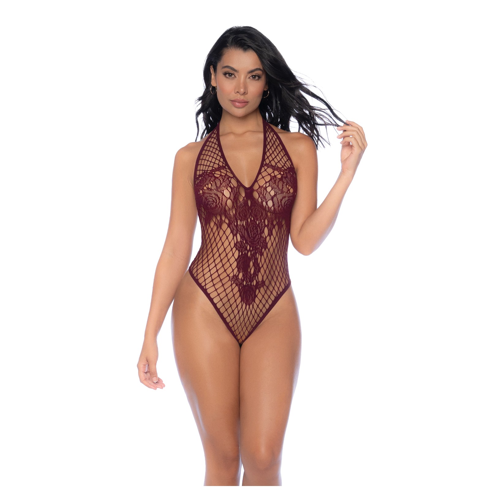 Floral Convertible Fishnet Bodysuit Burgundy